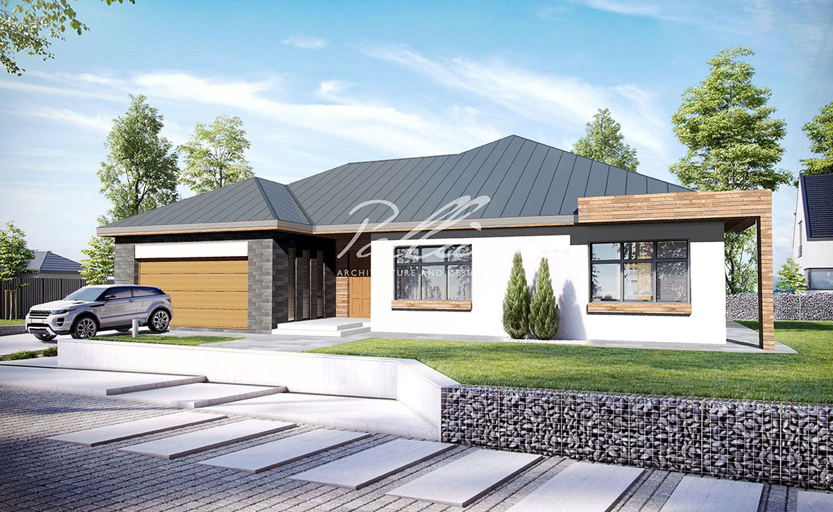 Vieno aukšto namo projektas 187 m²: 4 Miegamieji, 3 Vonios, Atvira virtuvė, Garažas