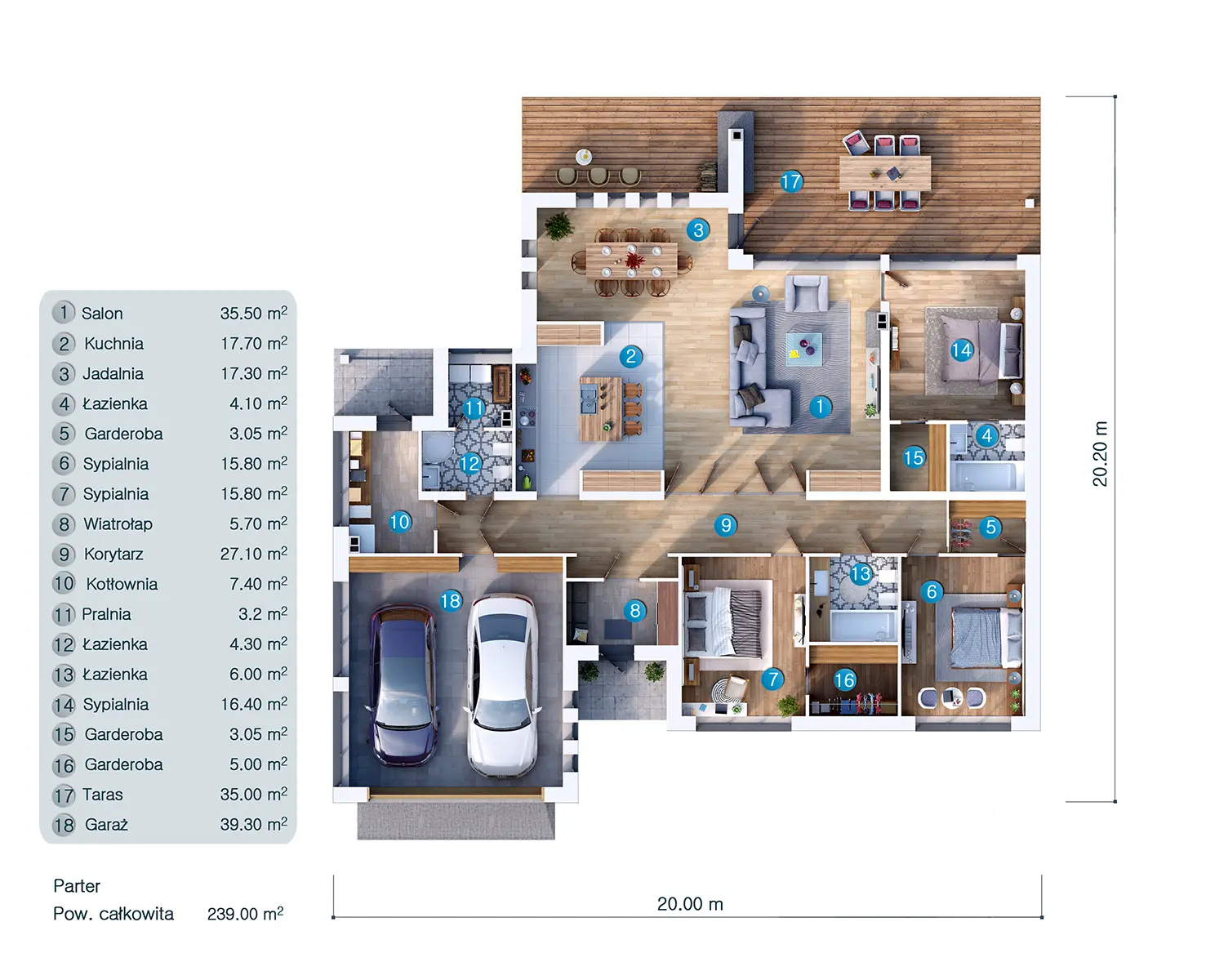 Vieno aukšto namo projektas 187 m²: 4 Miegamieji, 3 Vonios, Atvira virtuvė, Garažas