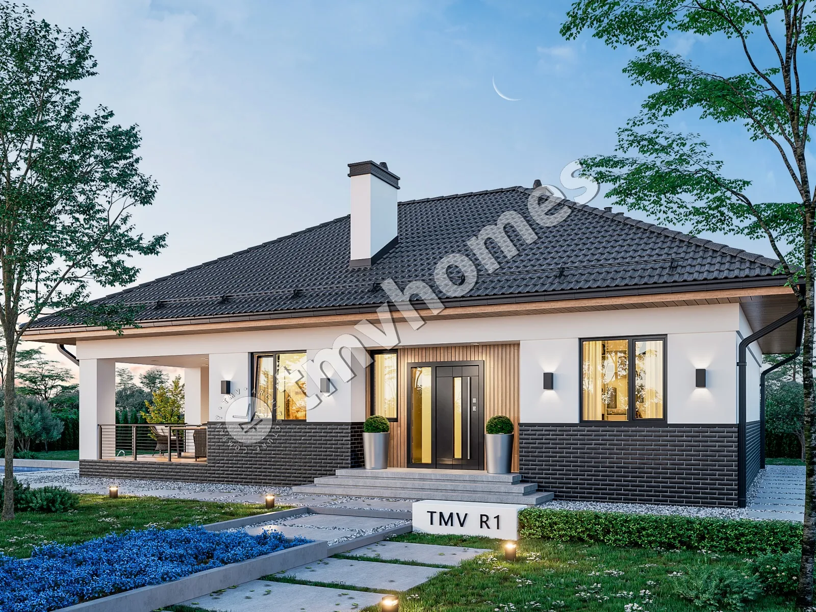 Vieno aukšto namo projektas 100 m²: 2 Miegamieji, 1 Vonios, Atvira virtuvė, be Garažo