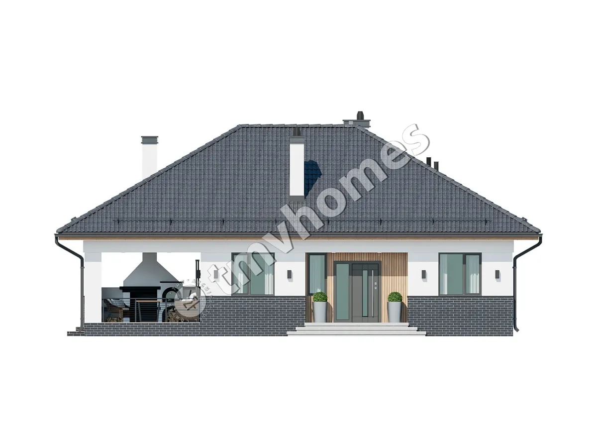 Vieno aukšto namo projektas 100 m²: 2 Miegamieji, 1 Vonios, Atvira virtuvė, be Garažo