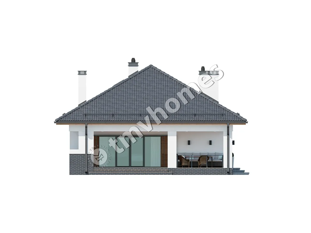 Vieno aukšto namo projektas 100 m²: 2 Miegamieji, 1 Vonios, Atvira virtuvė, be Garažo