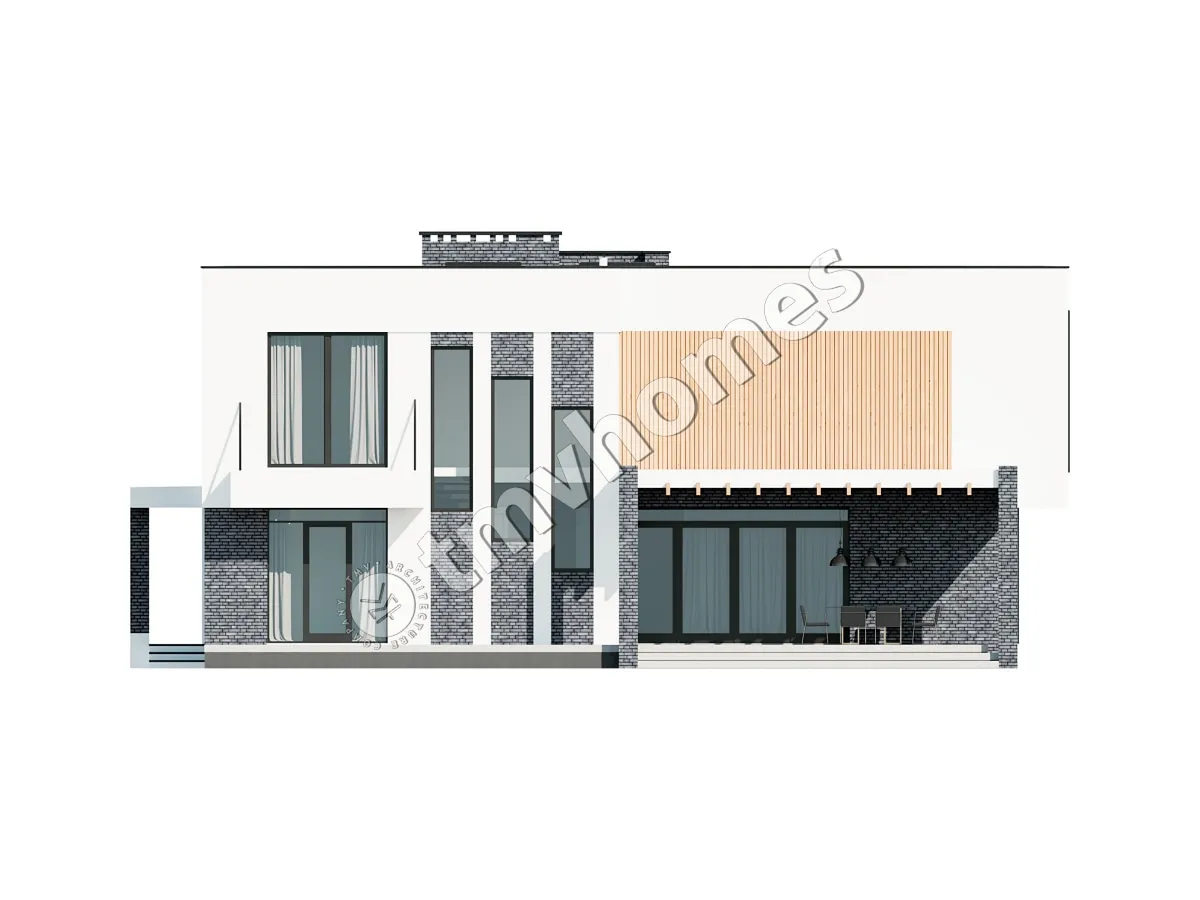 Dviejų aukštų namo projektas 330 m²: 4 Miegamieji, Darbo kambarys, 3 Vonios, Atvira virtuvė, Garažas