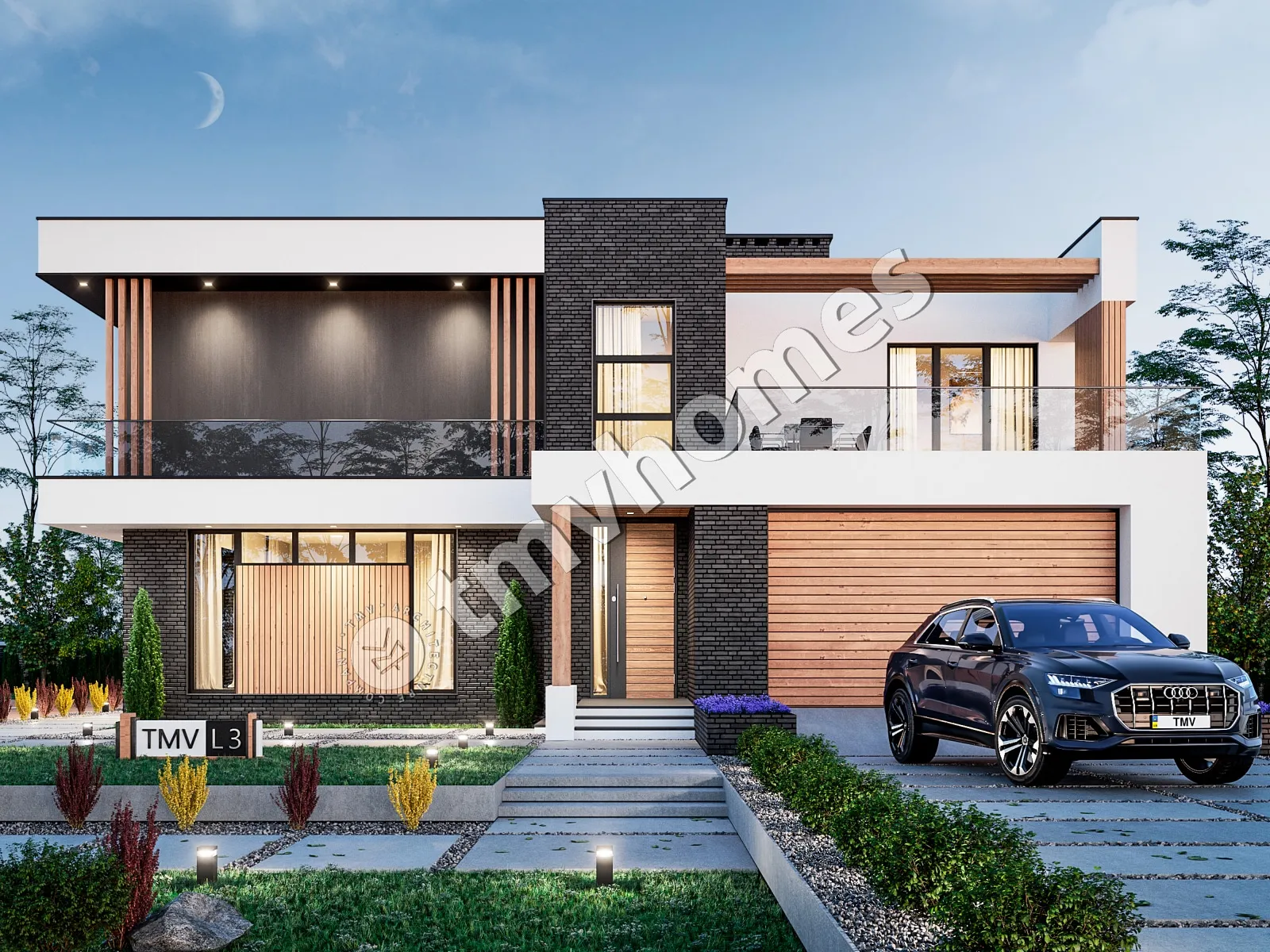 Dviejų aukštų namo projektas 330 m²: 4 Miegamieji, Darbo kambarys, 3 Vonios, Atvira virtuvė, Garažas