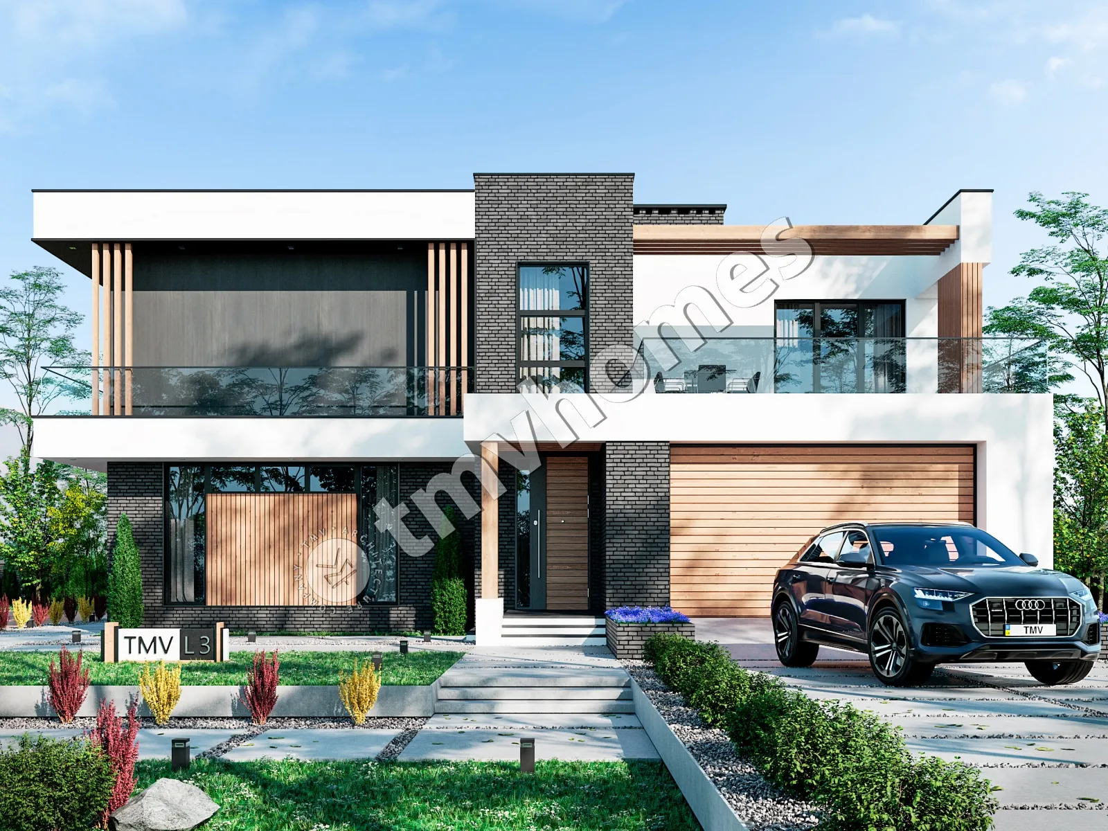 Dviejų aukštų namo projektas 330 m²: 4 Miegamieji, Darbo kambarys, 3 Vonios, Atvira virtuvė, Garažas