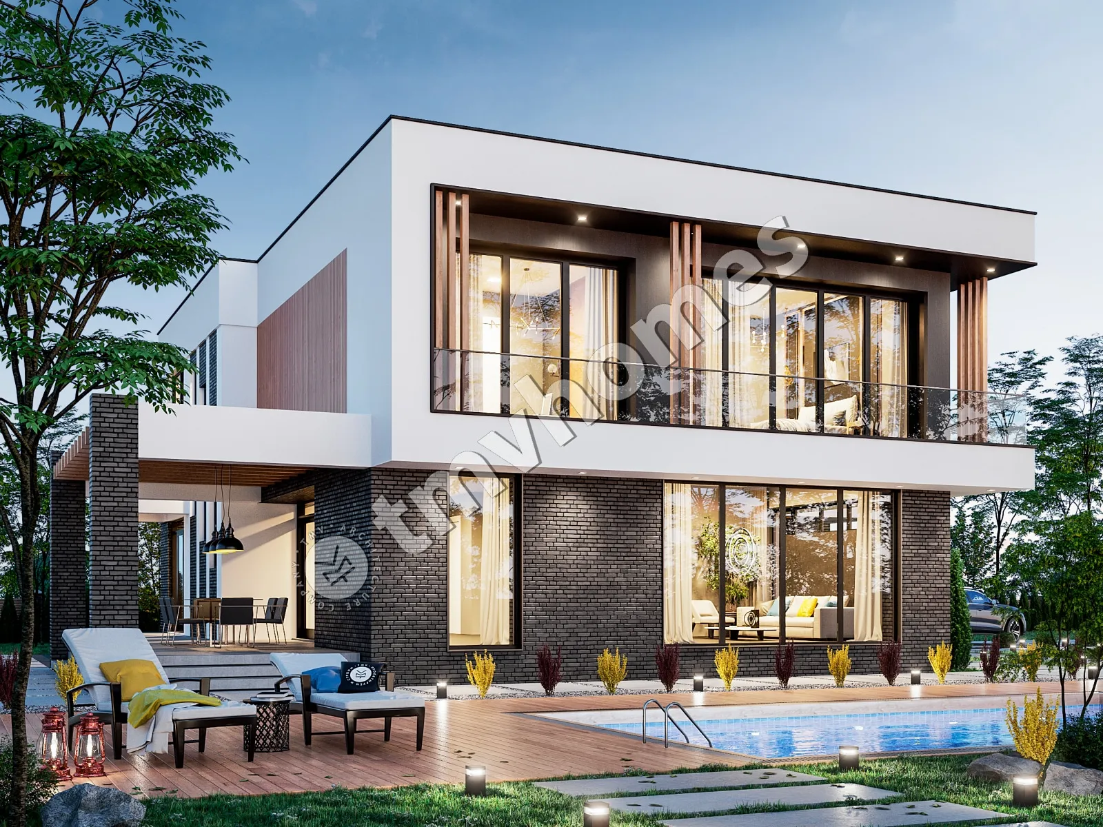 Dviejų aukštų namo projektas 330 m²: 4 Miegamieji, Darbo kambarys, 3 Vonios, Atvira virtuvė, Garažas