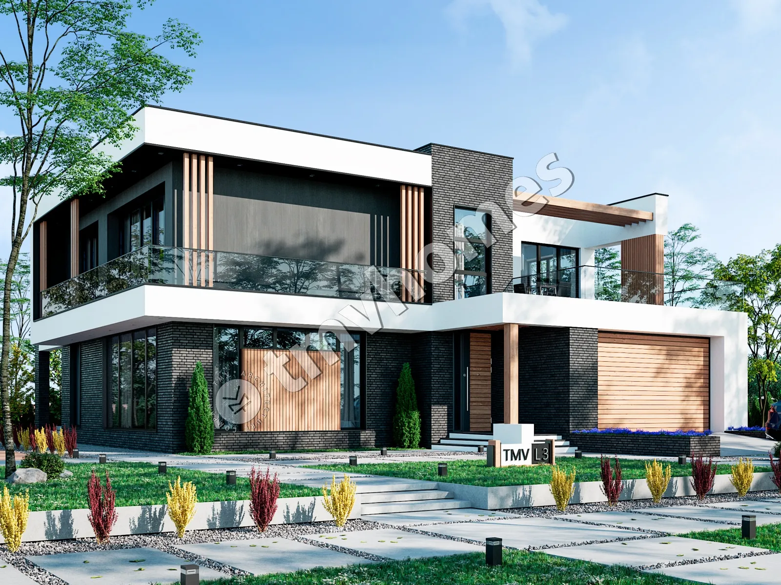 Dviejų aukštų namo projektas 330 m²: 4 Miegamieji, Darbo kambarys, 3 Vonios, Atvira virtuvė, Garažas