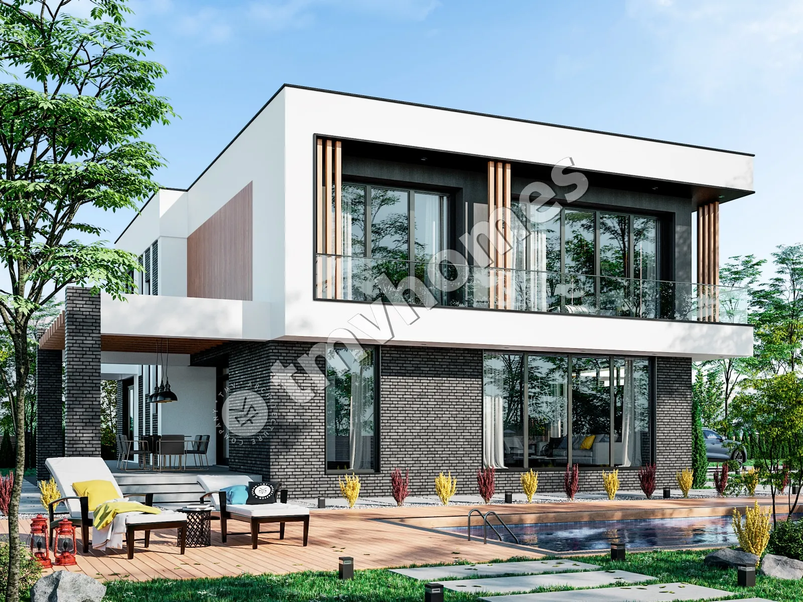 Dviejų aukštų namo projektas 330 m²: 4 Miegamieji, Darbo kambarys, 3 Vonios, Atvira virtuvė, Garažas