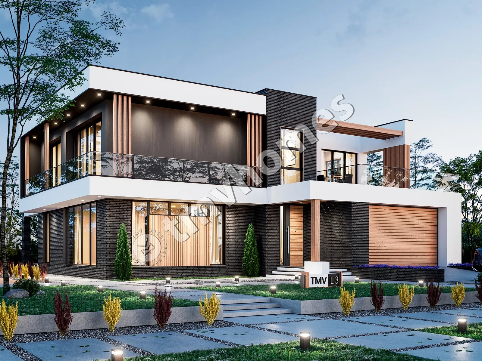 Dviejų aukštų namo projektas 330 m²: 4 Miegamieji, Darbo kambarys, 3 Vonios, Atvira virtuvė, Garažas