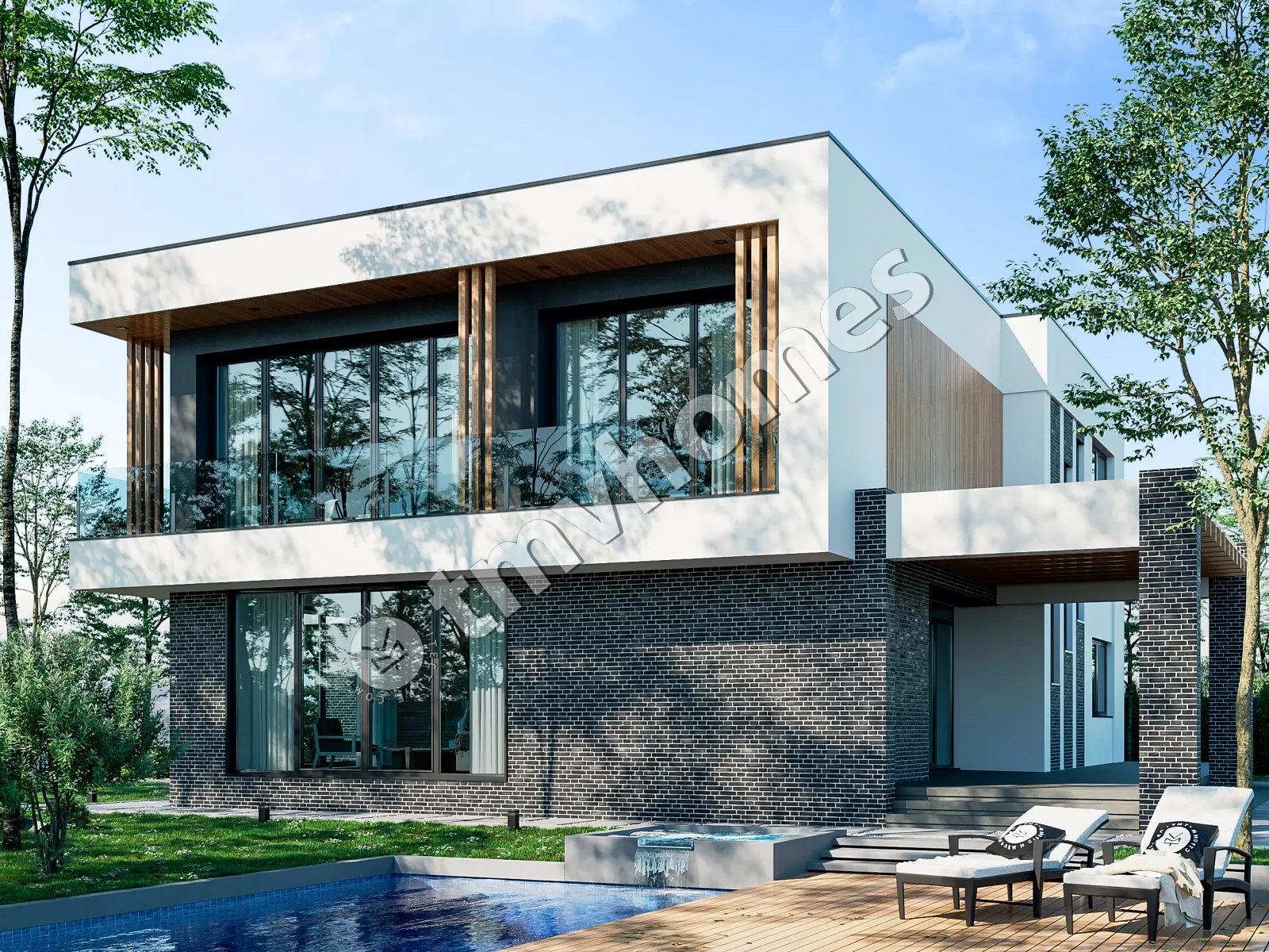 Dviejų aukštų namo projektas 329 m²: 5 Miegamieji, 3 Vonios, Atvira virtuvė, be Garažo