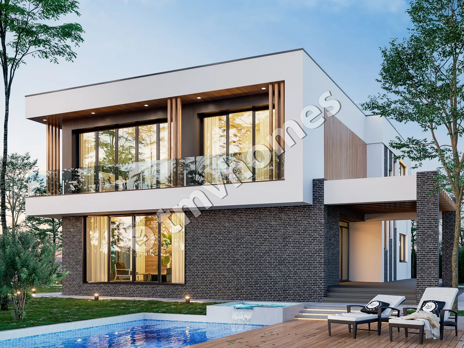 Dviejų aukštų namo projektas 329 m²: 5 Miegamieji, 3 Vonios, Atvira virtuvė, be Garažo