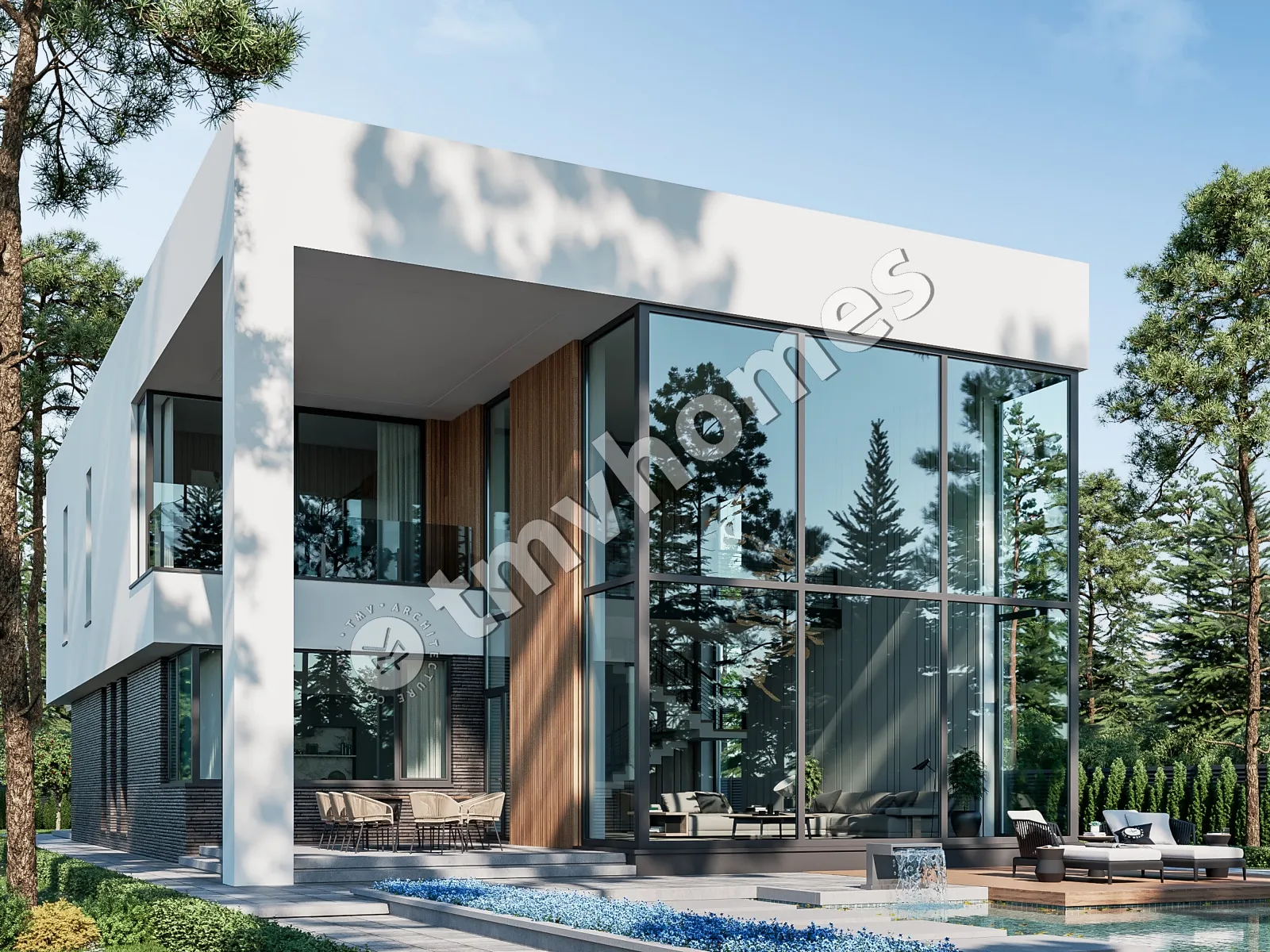 Dviejų aukštų namo projektas 415 m²: 3 Miegamieji, Darbo kambarys, 4 Vonios, Atvira virtuvė, Garažas