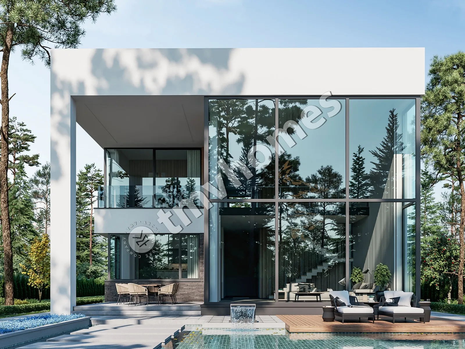 Dviejų aukštų namo projektas 415 m²: 3 Miegamieji, Darbo kambarys, 4 Vonios, Atvira virtuvė, Garažas