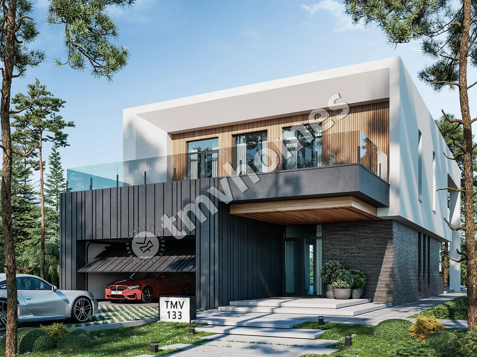 Dviejų aukštų namo projektas 415 m²: 3 Miegamieji, Darbo kambarys, 4 Vonios, Atvira virtuvė, Garažas