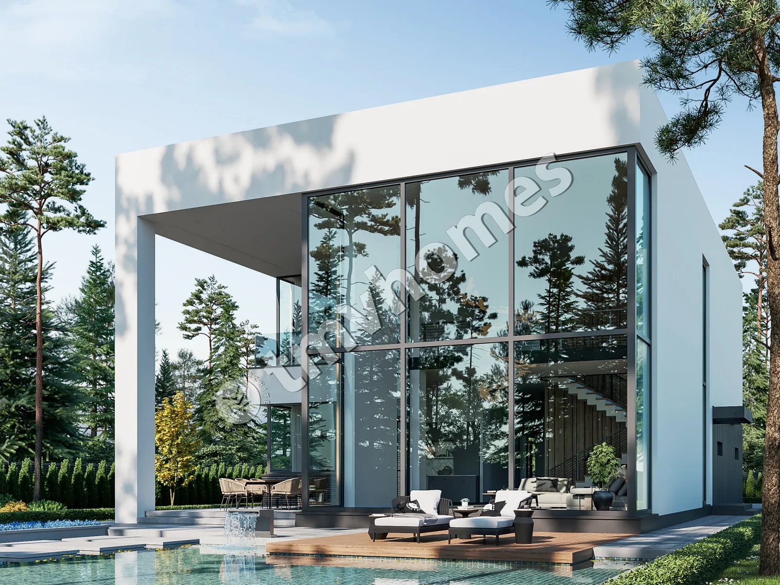 Dviejų aukštų namo projektas 415 m²: 3 Miegamieji, Darbo kambarys, 4 Vonios, Atvira virtuvė, Garažas