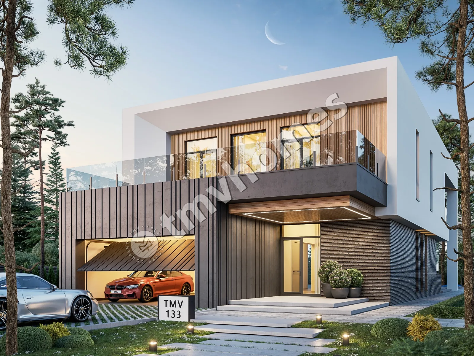 Dviejų aukštų namo projektas 415 m²: 3 Miegamieji, Darbo kambarys, 4 Vonios, Atvira virtuvė, Garažas
