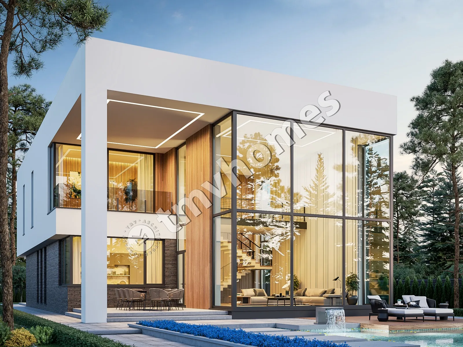 Dviejų aukštų namo projektas 415 m²: 3 Miegamieji, Darbo kambarys, 4 Vonios, Atvira virtuvė, Garažas