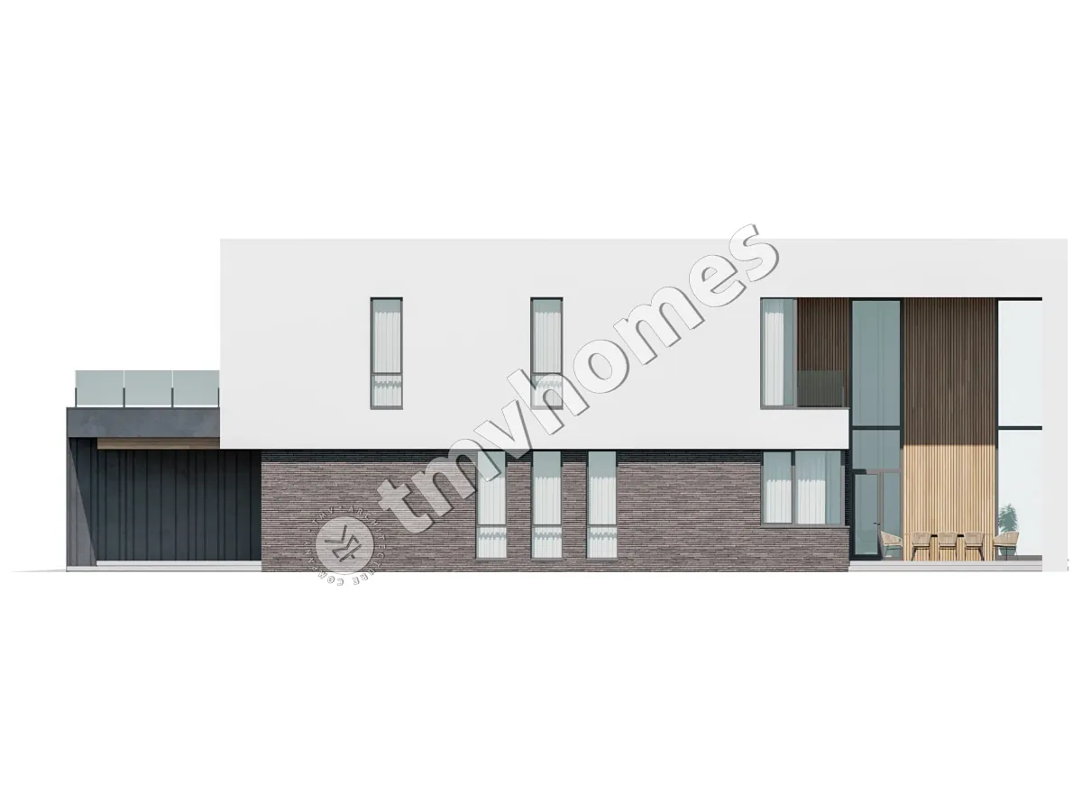Dviejų aukštų namo projektas 415 m²: 3 Miegamieji, Darbo kambarys, 4 Vonios, Atvira virtuvė, Garažas