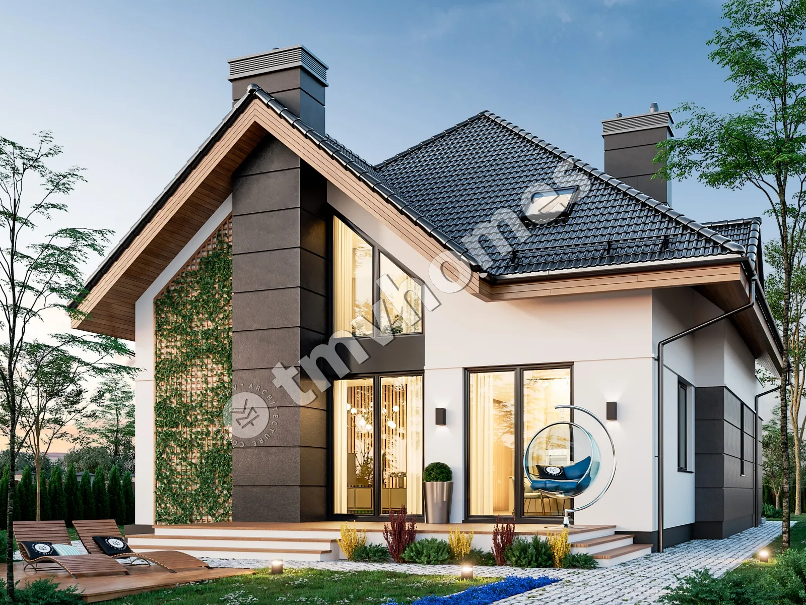 Namo projektas su mansarda 225 m²: 3 Miegamieji, Darbo kambarys, 3 Vonios, Atvira virtuvė, Garažas
