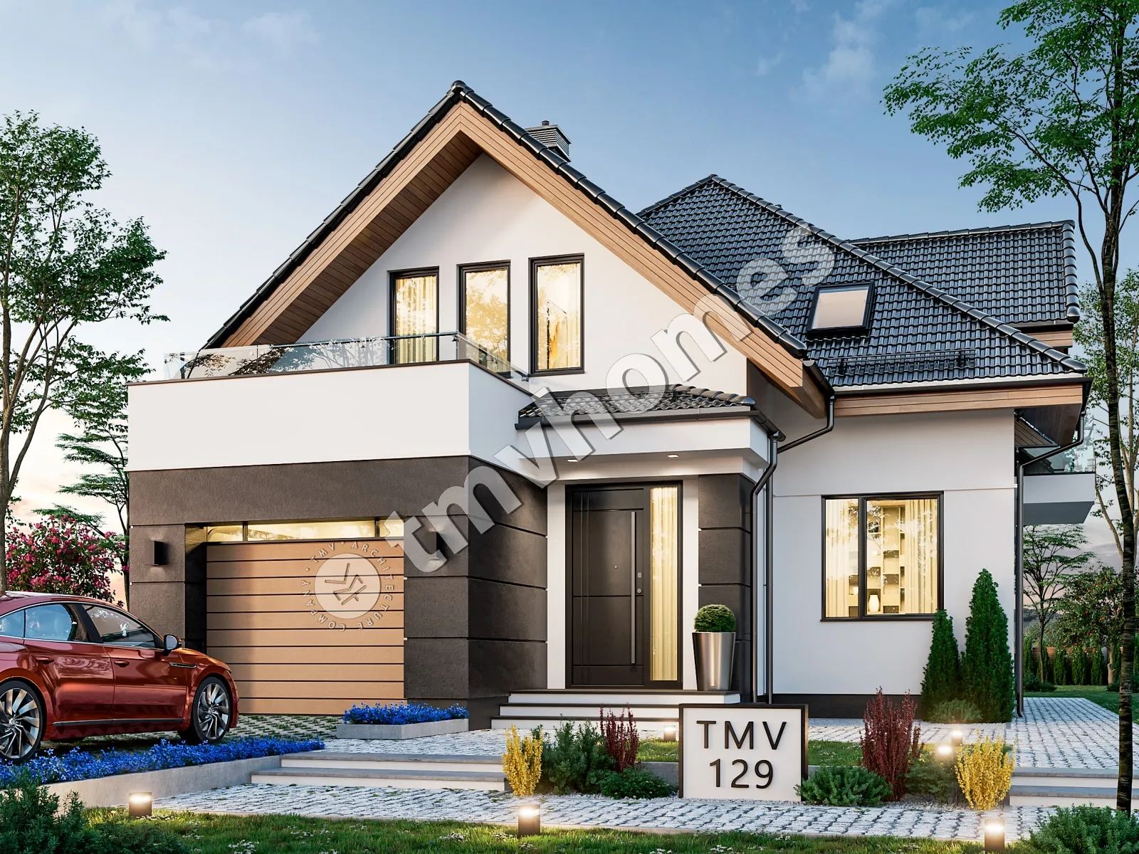 Namo projektas su mansarda 225 m²: 3 Miegamieji, Darbo kambarys, 3 Vonios, Atvira virtuvė, Garažas