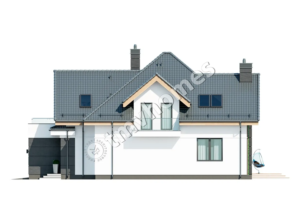 Namo projektas su mansarda 225 m²: 3 Miegamieji, Darbo kambarys, 3 Vonios, Atvira virtuvė, Garažas