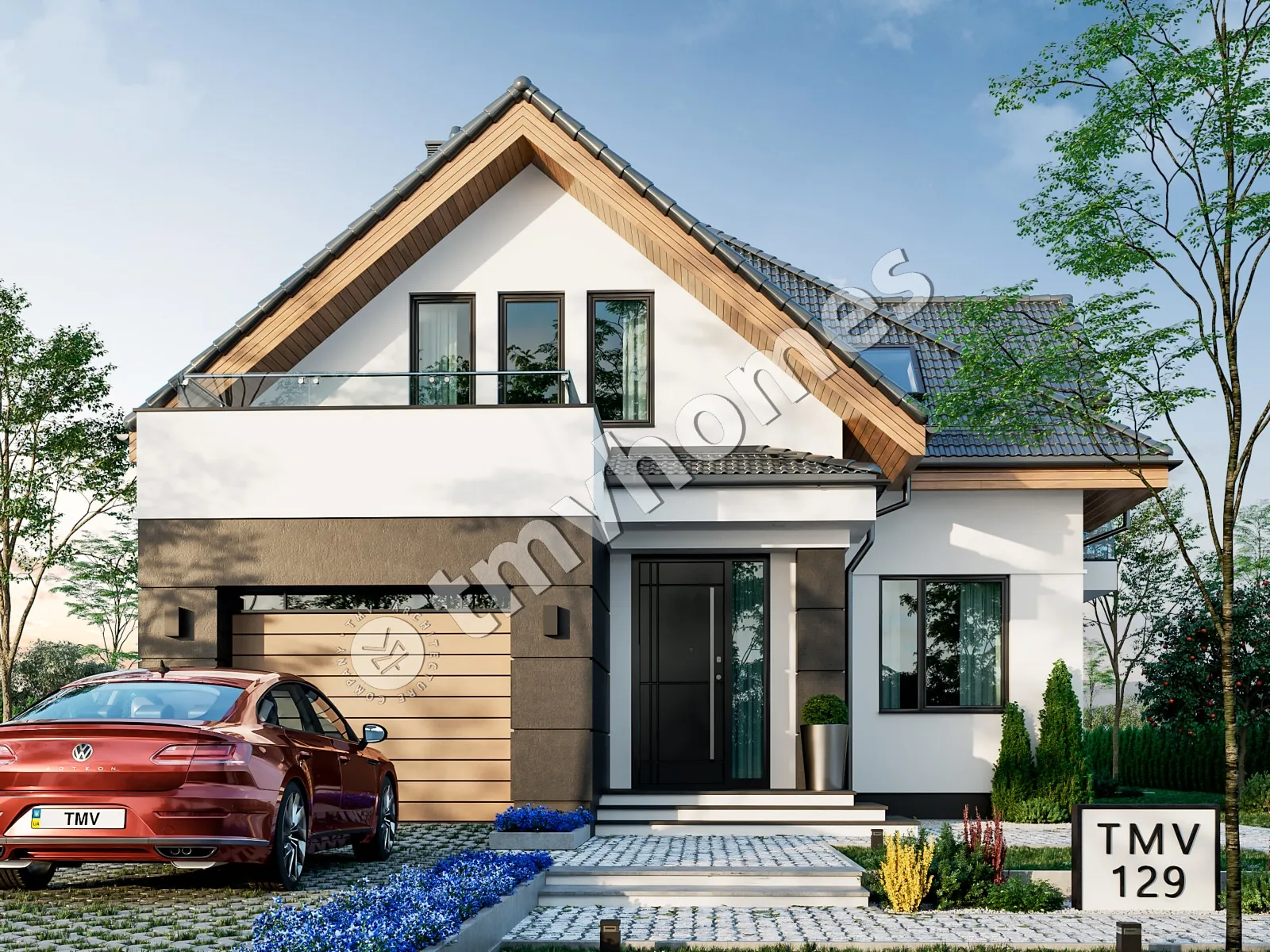 Namo projektas su mansarda 225 m²: 3 Miegamieji, Darbo kambarys, 3 Vonios, Atvira virtuvė, Garažas