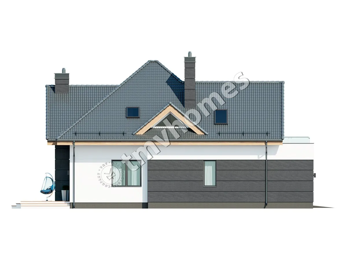 Namo projektas su mansarda 225 m²: 3 Miegamieji, Darbo kambarys, 3 Vonios, Atvira virtuvė, Garažas