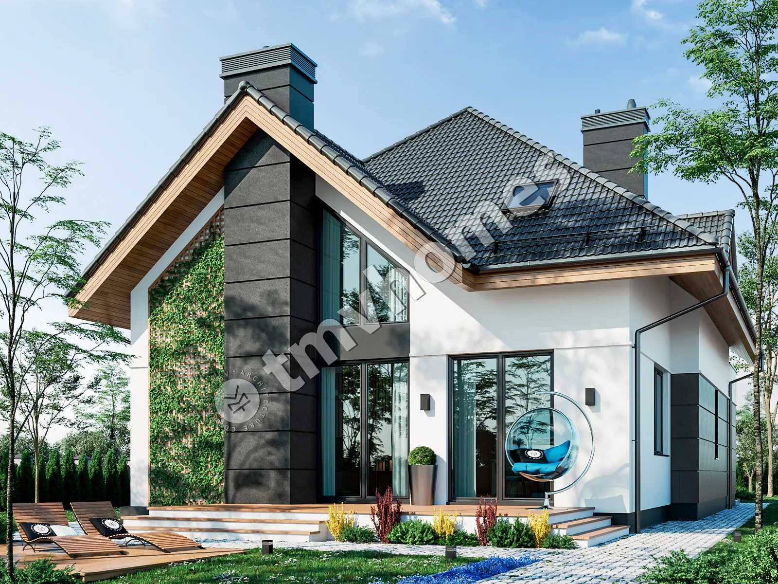 Namo projektas su mansarda 225 m²: 3 Miegamieji, Darbo kambarys, 3 Vonios, Atvira virtuvė, Garažas