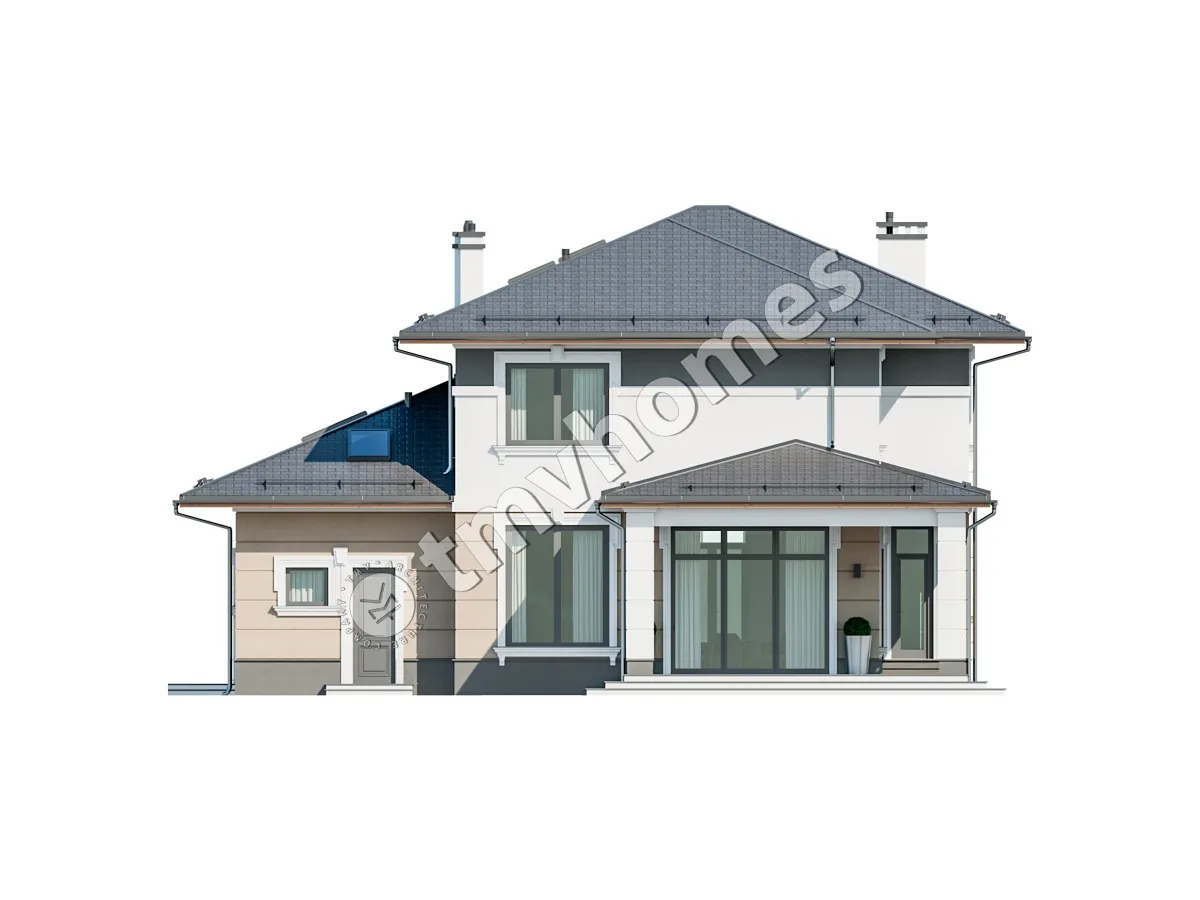 Dviejų aukštų namo projektas 332 m²: 3 Miegamieji, 3 Vonios, Atvira virtuvė, Garažas