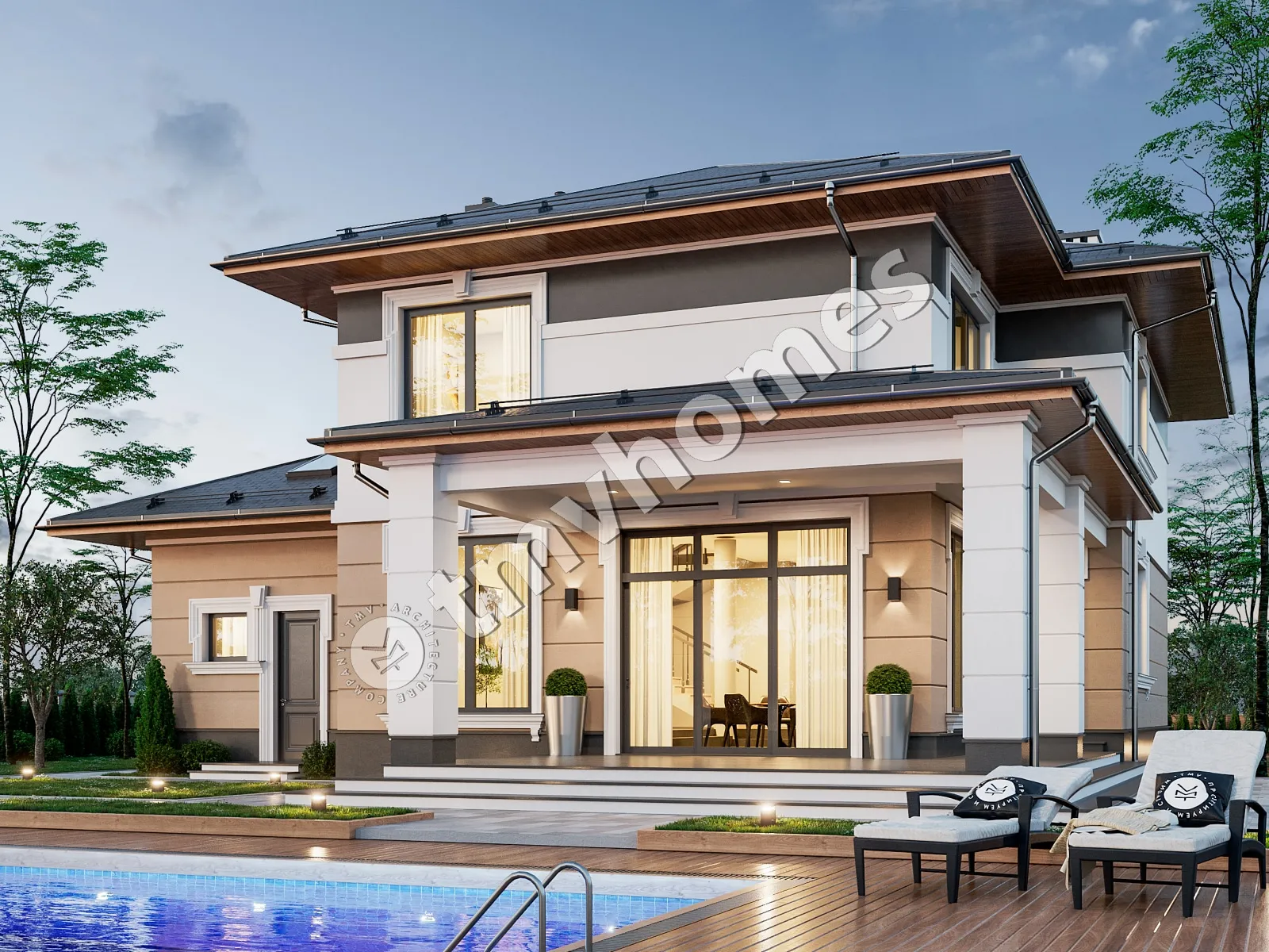 Dviejų aukštų namo projektas 332 m²: 3 Miegamieji, 3 Vonios, Atvira virtuvė, Garažas
