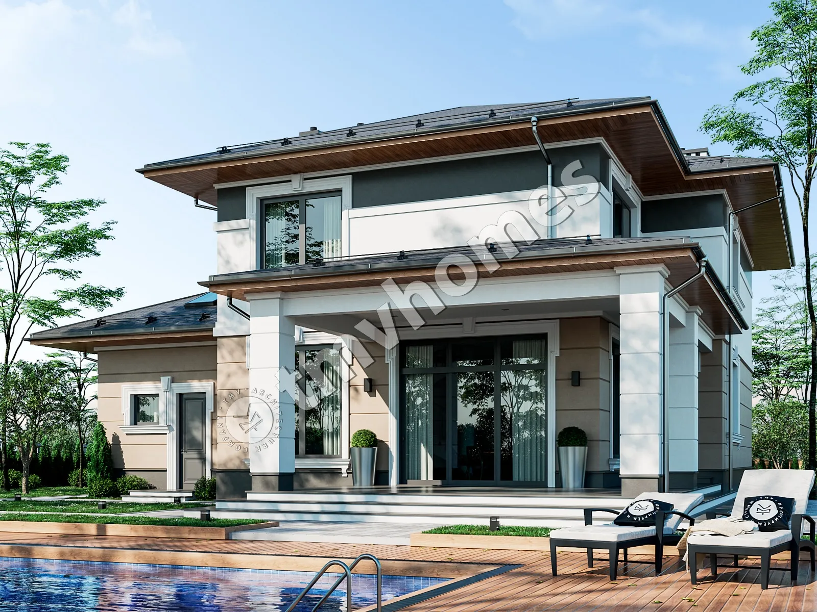 Dviejų aukštų namo projektas 332 m²: 3 Miegamieji, 3 Vonios, Atvira virtuvė, Garažas