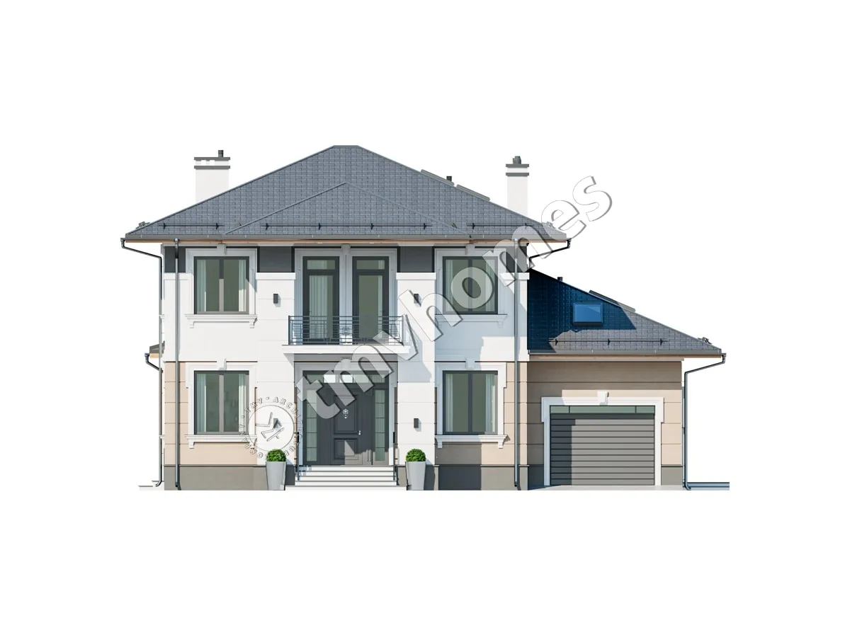 Dviejų aukštų namo projektas 332 m²: 3 Miegamieji, 3 Vonios, Atvira virtuvė, Garažas