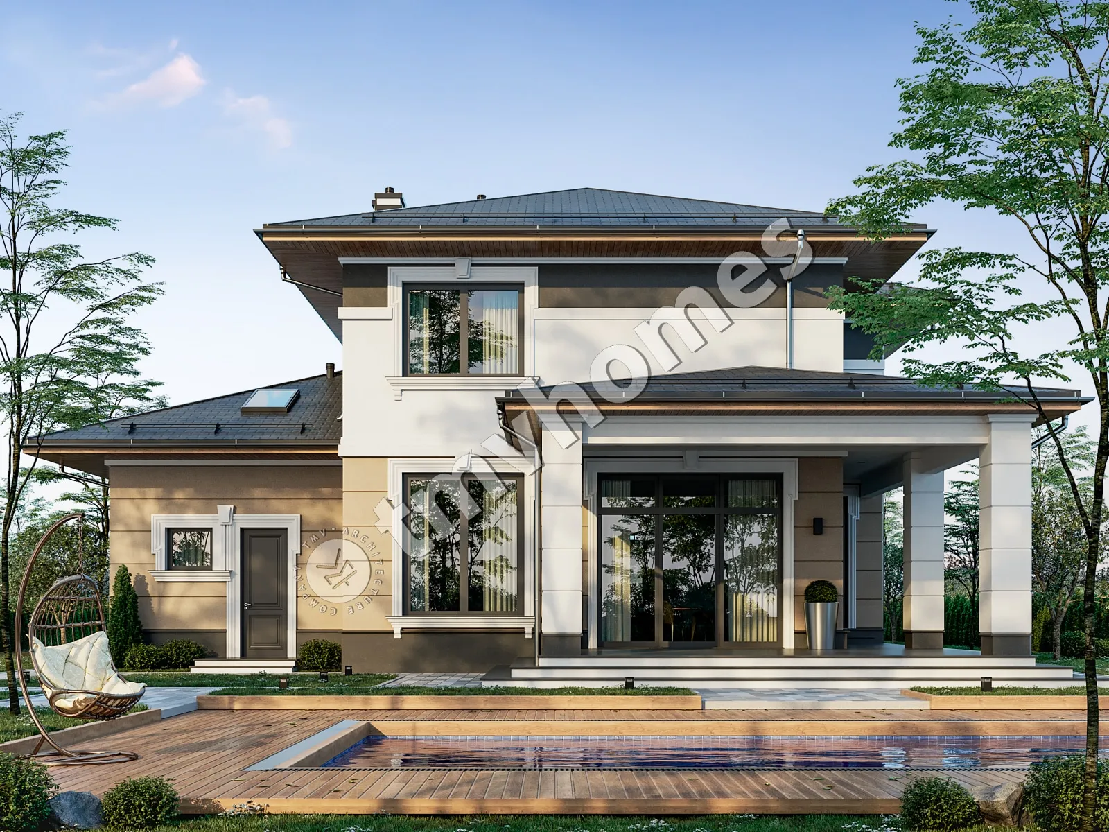 Dviejų aukštų namo projektas 332 m²: 3 Miegamieji, 3 Vonios, Atvira virtuvė, Garažas