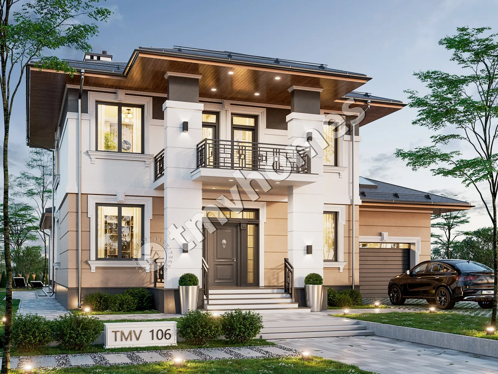 Dviejų aukštų namo projektas 332 m²: 3 Miegamieji, 3 Vonios, Atvira virtuvė, Garažas