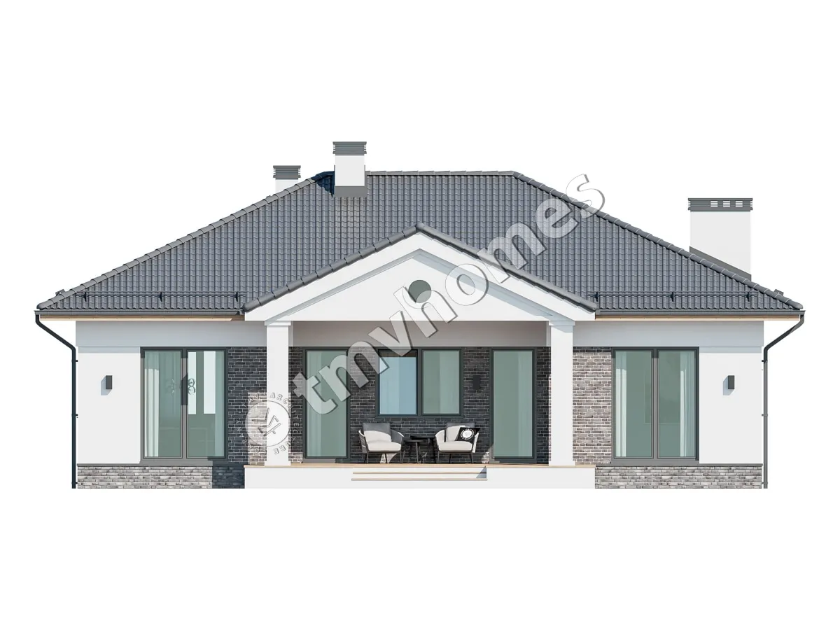 Vieno aukšto namo projektas 111 m²: 3 Miegamieji, 2 Vonios, Atvira virtuvė, be Garažo