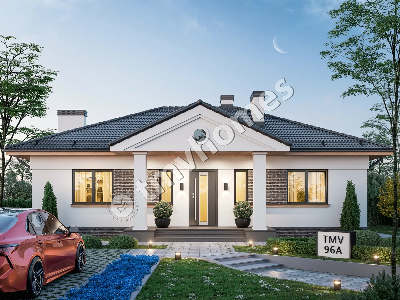 Vieno aukšto namo projektas 111 m²: 3 Miegamieji, 2 Vonios, Atvira virtuvė, be Garažo