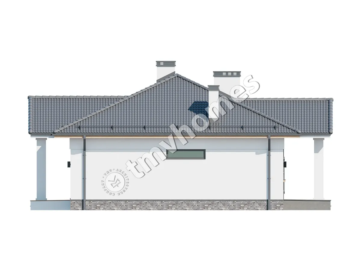 Vieno aukšto namo projektas 111 m²: 3 Miegamieji, 2 Vonios, Atvira virtuvė, be Garažo