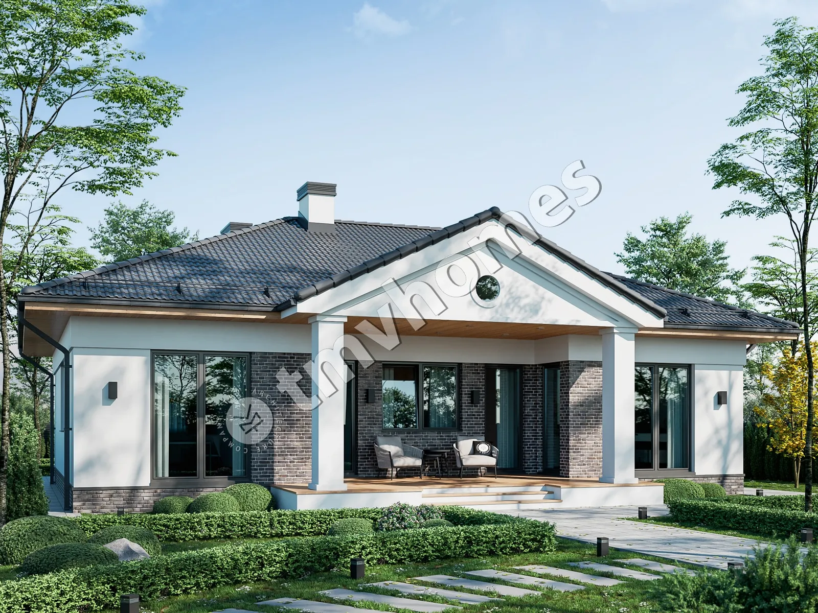 Vieno aukšto namo projektas 111 m²: 3 Miegamieji, 2 Vonios, Atvira virtuvė, be Garažo