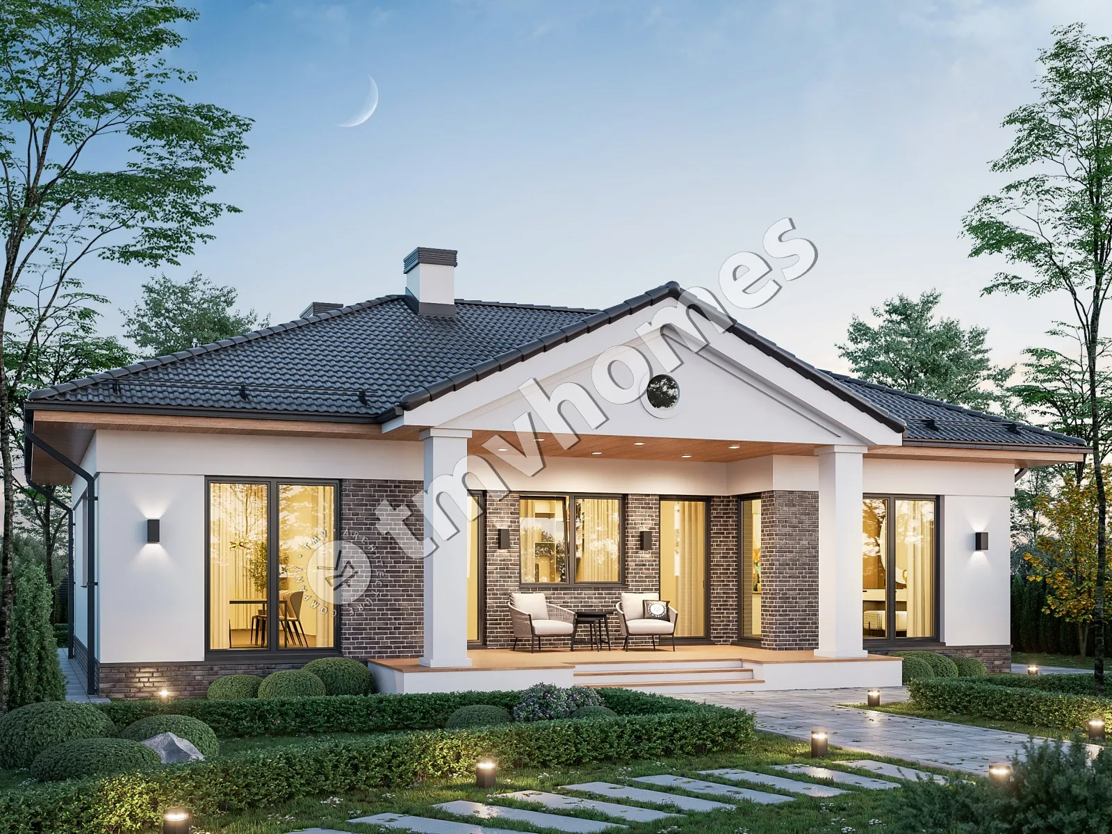 Vieno aukšto namo projektas 111 m²: 3 Miegamieji, 2 Vonios, Atvira virtuvė, be Garažo
