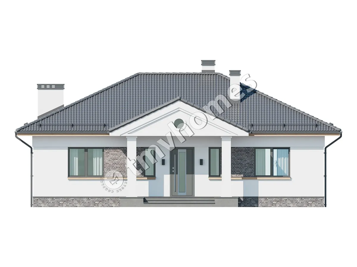 Vieno aukšto namo projektas 111 m²: 3 Miegamieji, 2 Vonios, Atvira virtuvė, be Garažo