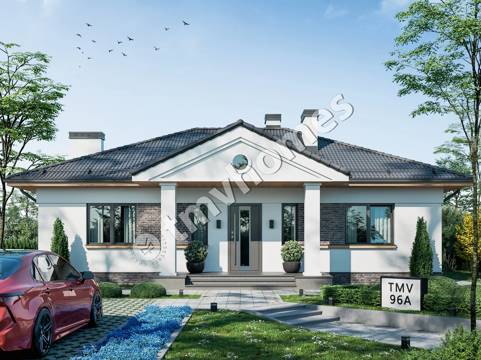 Vieno aukšto namo projektas 111 m²: 3 Miegamieji, 2 Vonios, Atvira virtuvė, be Garažo