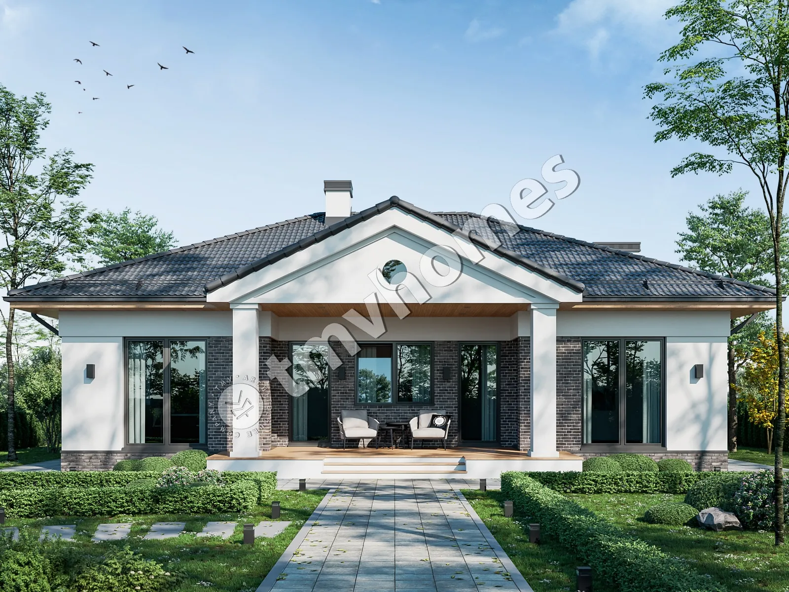 Vieno aukšto namo projektas 111 m²: 3 Miegamieji, 2 Vonios, Atvira virtuvė, be Garažo