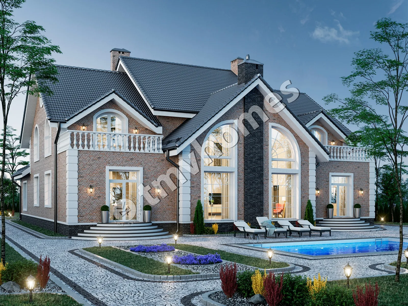 Namo projektas su mansarda 483 m²: 6 Miegamieji, Darbo kambarys, 5 Vonios, be Garažo