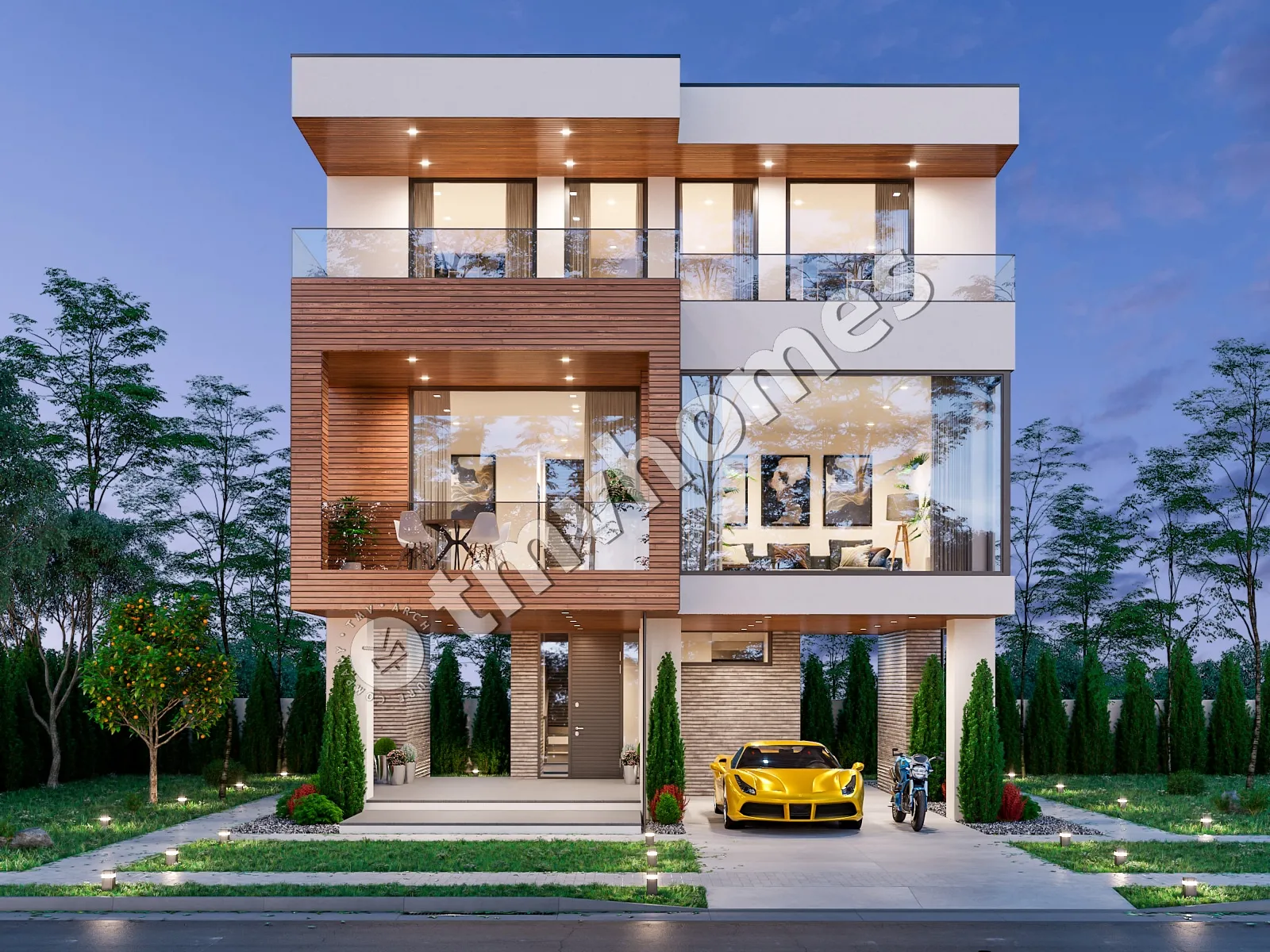 Trijų aukštų namo projektas 144 m²: 3 Miegamieji, 3 Vonios, Atvira virtuvė, be Garažo