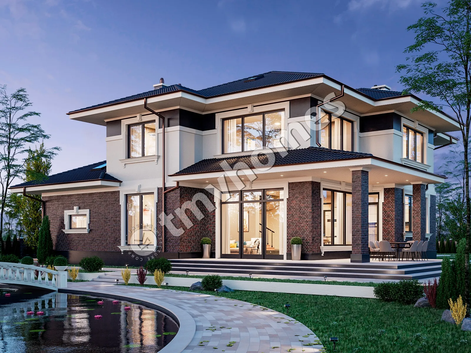 Dviejų aukštų namo projektas 436 m²: 5 Miegamieji, 3 Vonios, Atvira virtuvė, Garažas