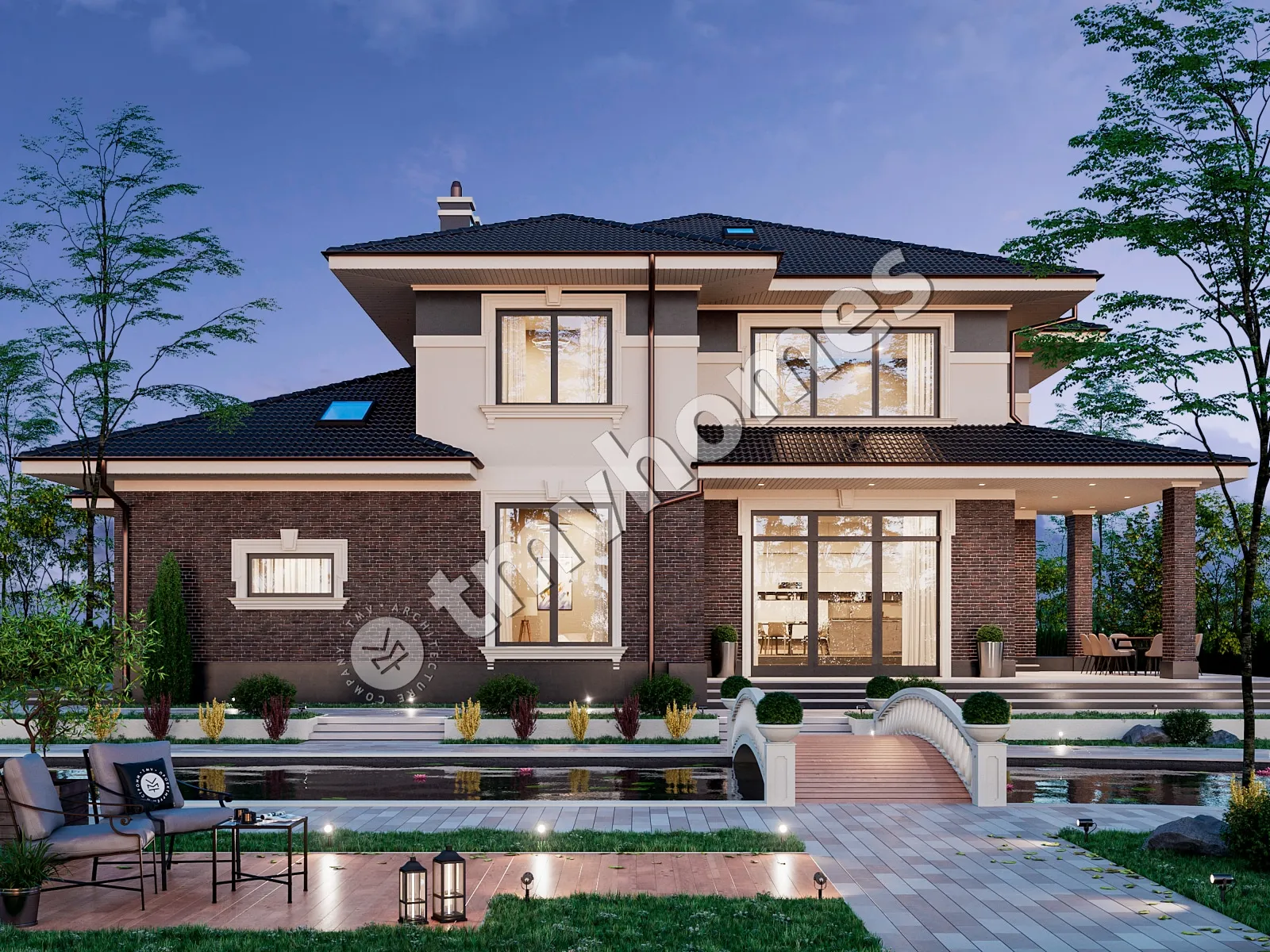Dviejų aukštų namo projektas 436 m²: 5 Miegamieji, 3 Vonios, Atvira virtuvė, Garažas