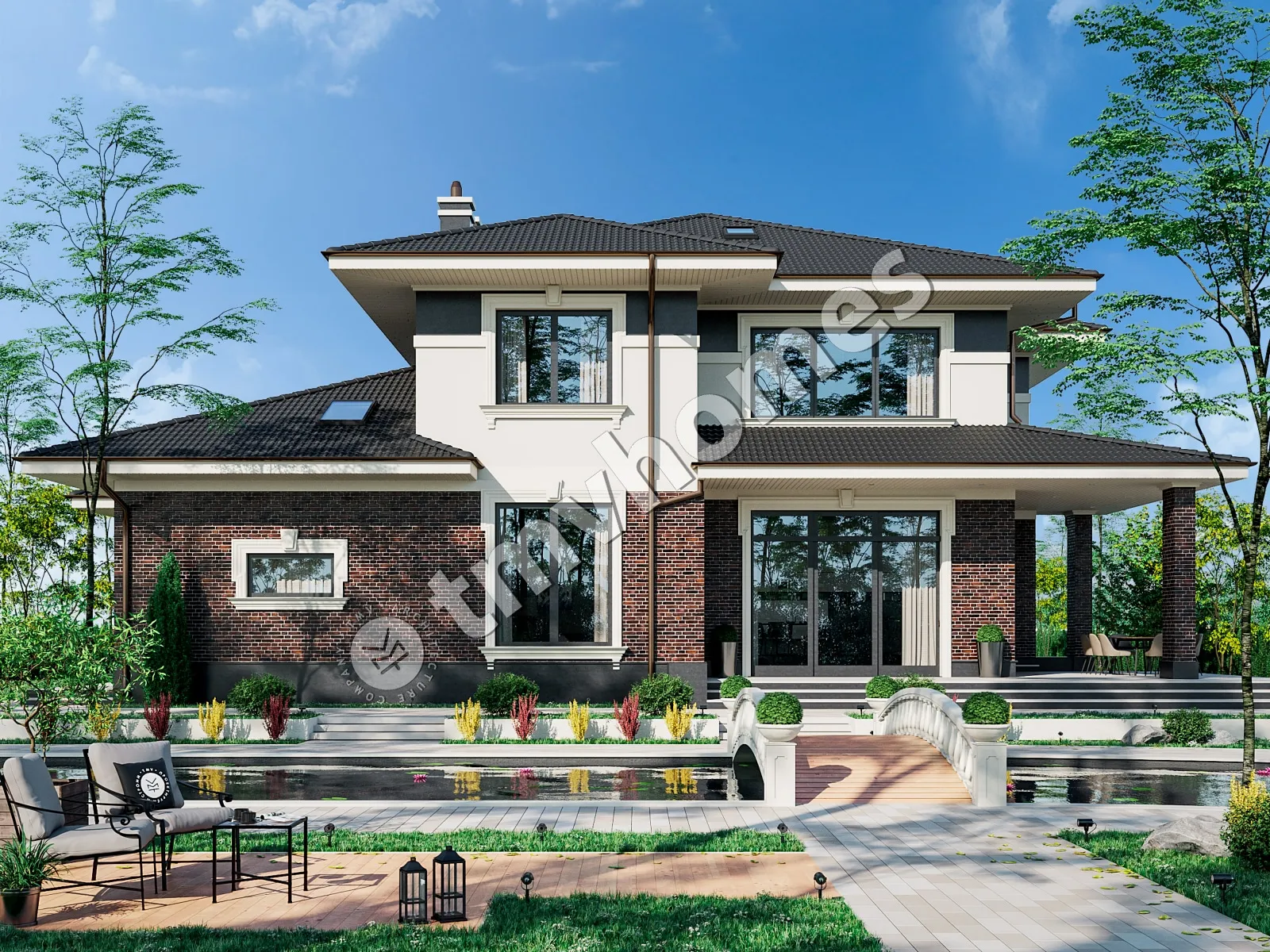 Dviejų aukštų namo projektas 436 m²: 5 Miegamieji, 3 Vonios, Atvira virtuvė, Garažas