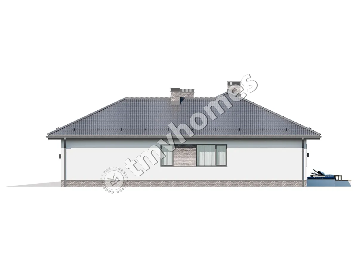 Vieno aukšto namo projektas 136 m²: 3 Miegamieji, 2 Vonios, Atvira virtuvė, Garažas