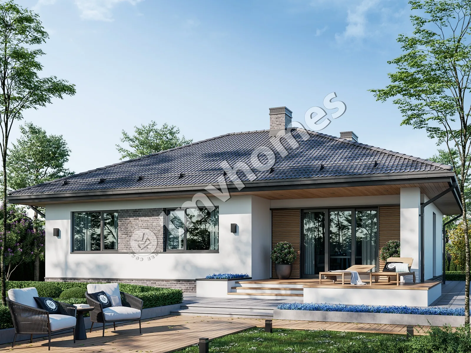Vieno aukšto namo projektas 136 m²: 3 Miegamieji, 2 Vonios, Atvira virtuvė, Garažas