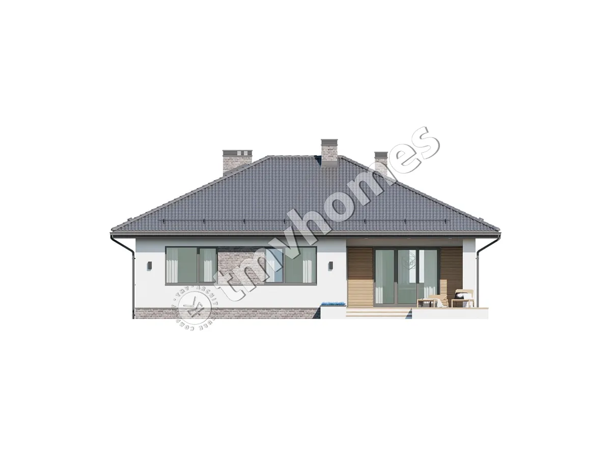 Vieno aukšto namo projektas 136 m²: 3 Miegamieji, 2 Vonios, Atvira virtuvė, Garažas