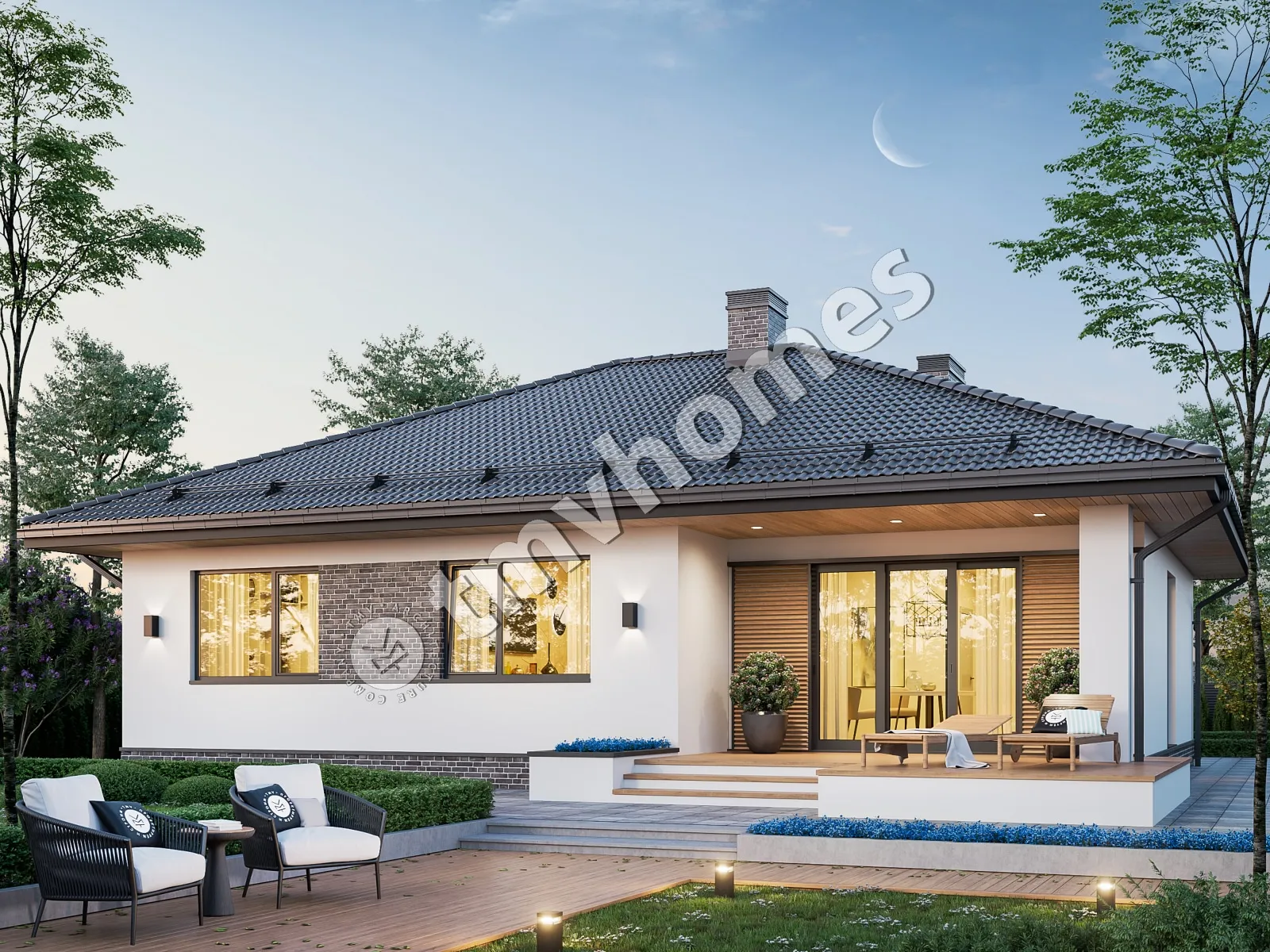 Vieno aukšto namo projektas 136 m²: 3 Miegamieji, 2 Vonios, Atvira virtuvė, Garažas